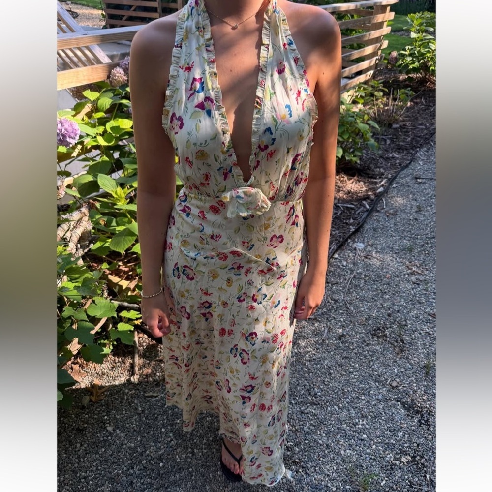 NWT Doen Mazarin Silk Rosette Ruffle Halter Maxi Dress Windswept Blooms Cream